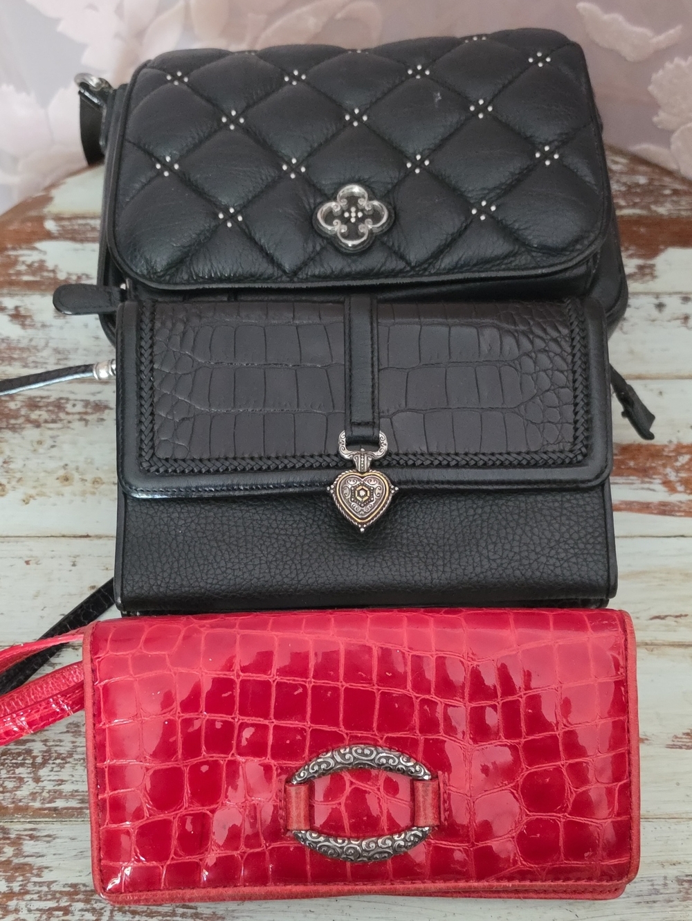 Brighton Quilted & Croc-Texture Black Crossbody with Red Croc Wallet
